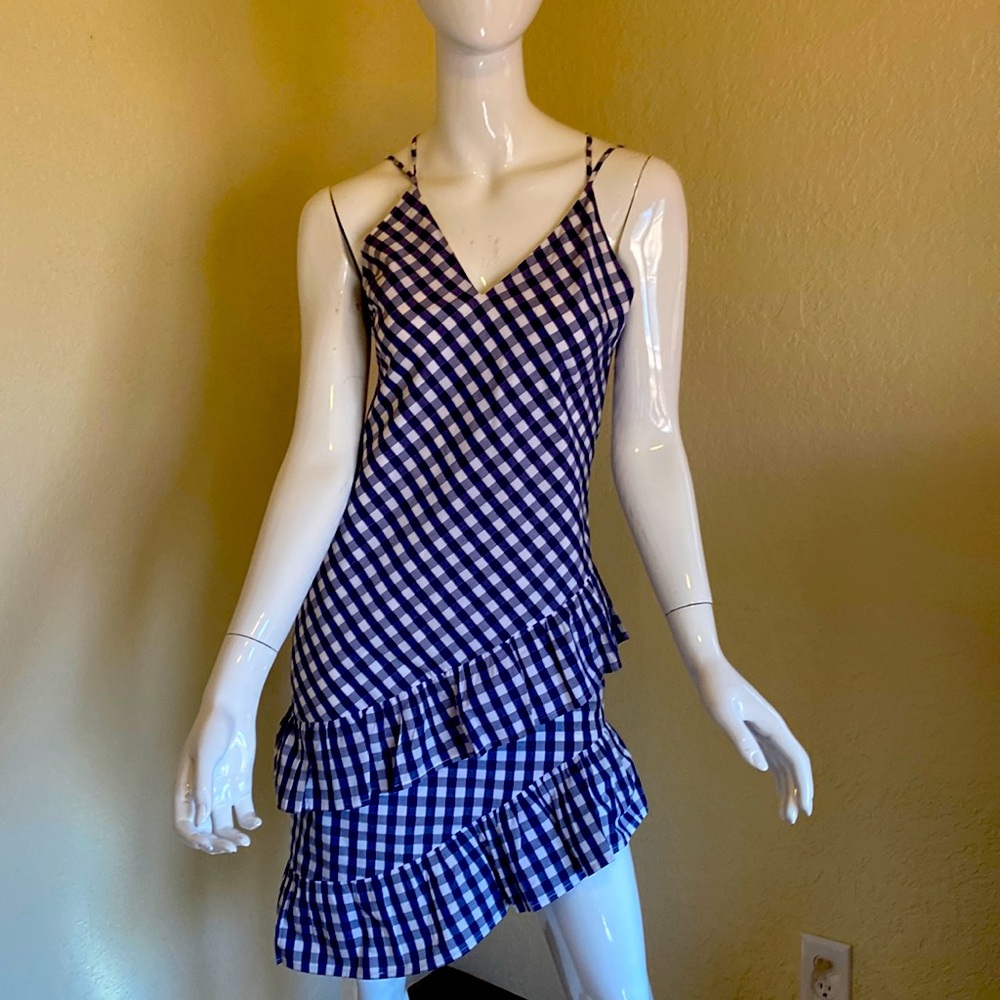 Blue & White gingham asymmetric mini dress with ruffle shirt. Size S